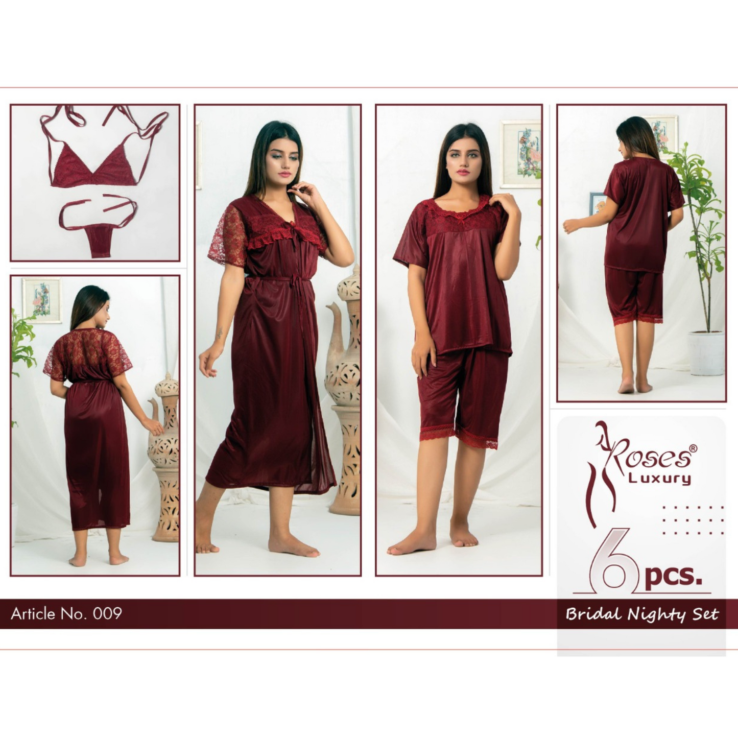 Bridal Nighty Set 6 Piece Maroon