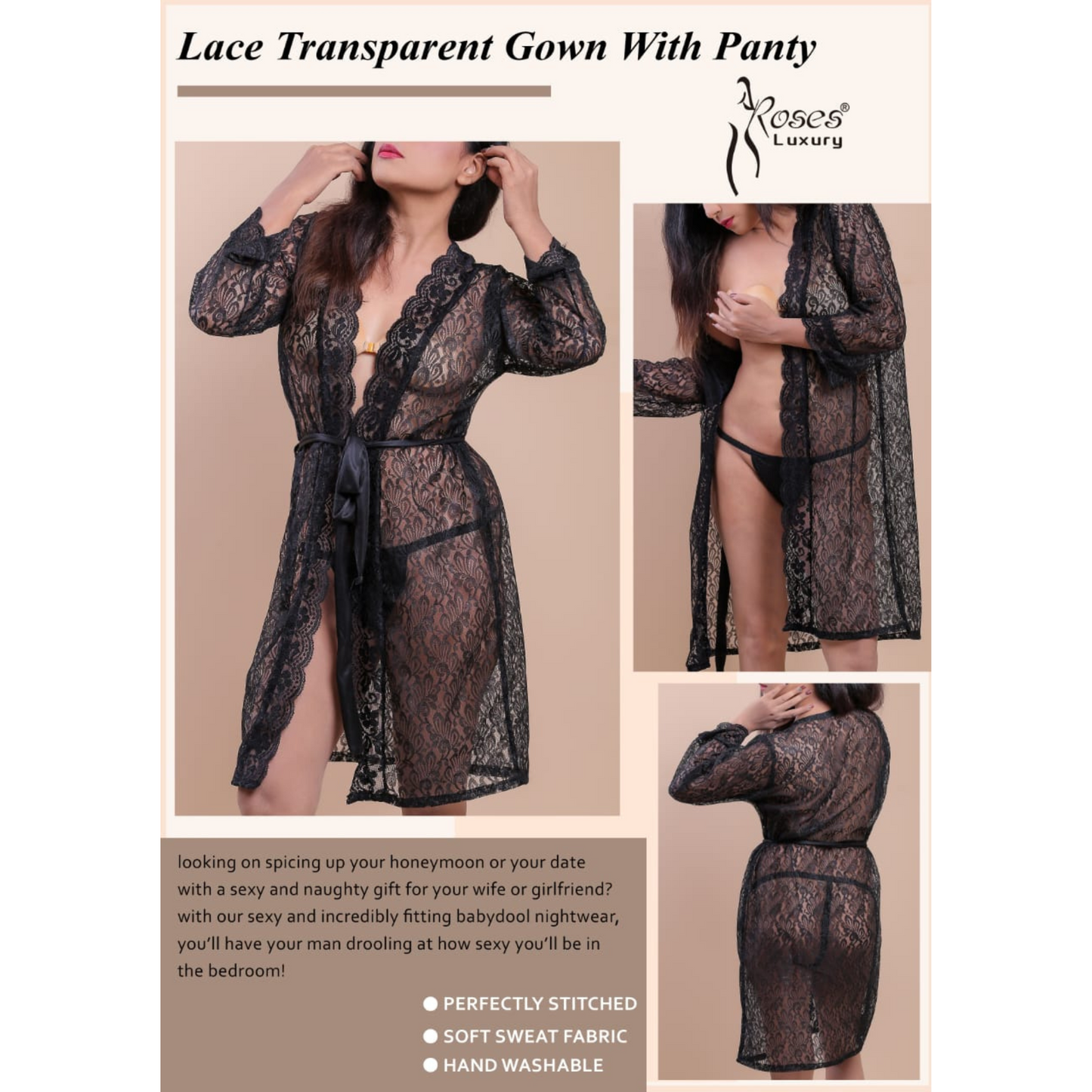 Lace Transparent Gown Nightwear with Panty