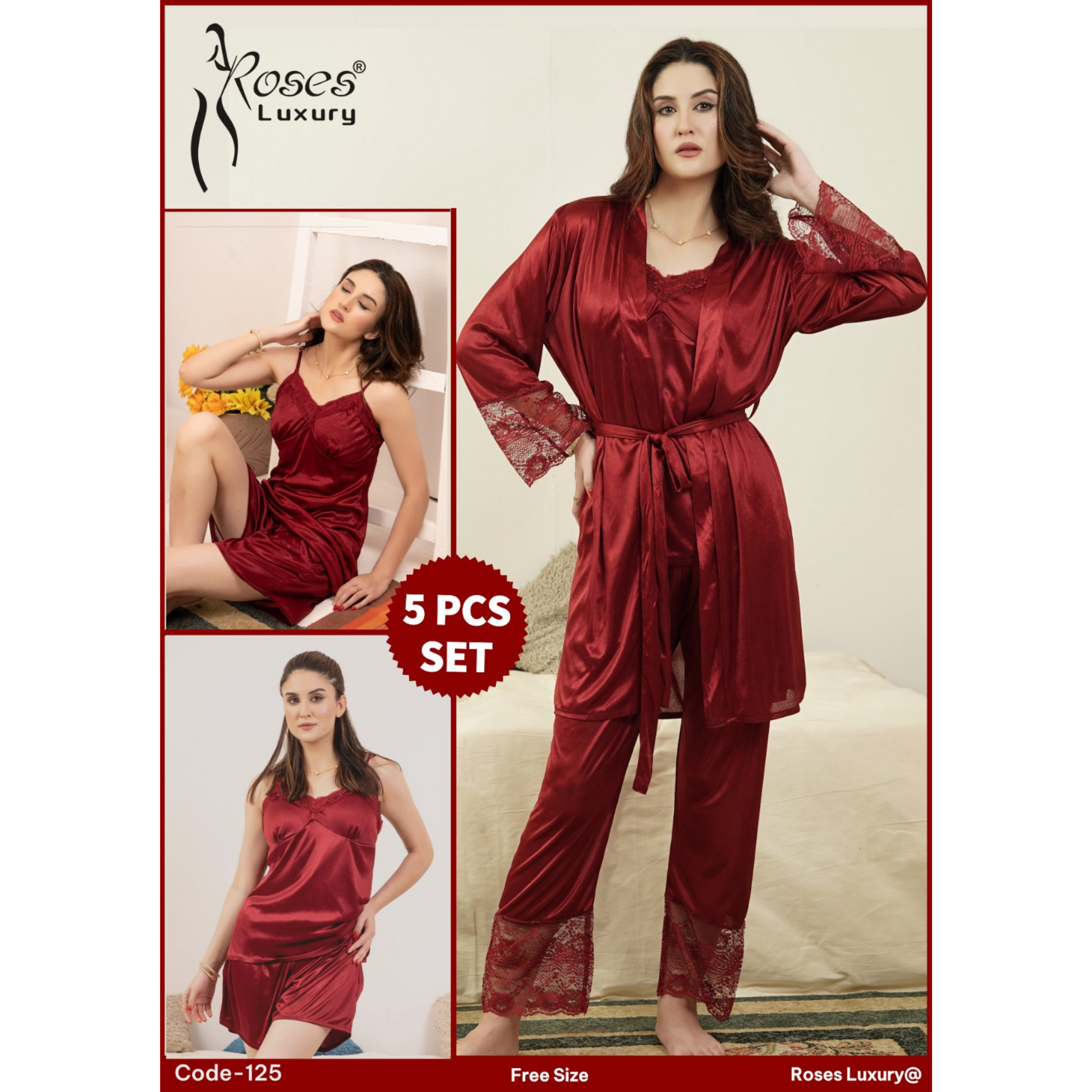 Bridal Nighty Set 5 Pieces maroon