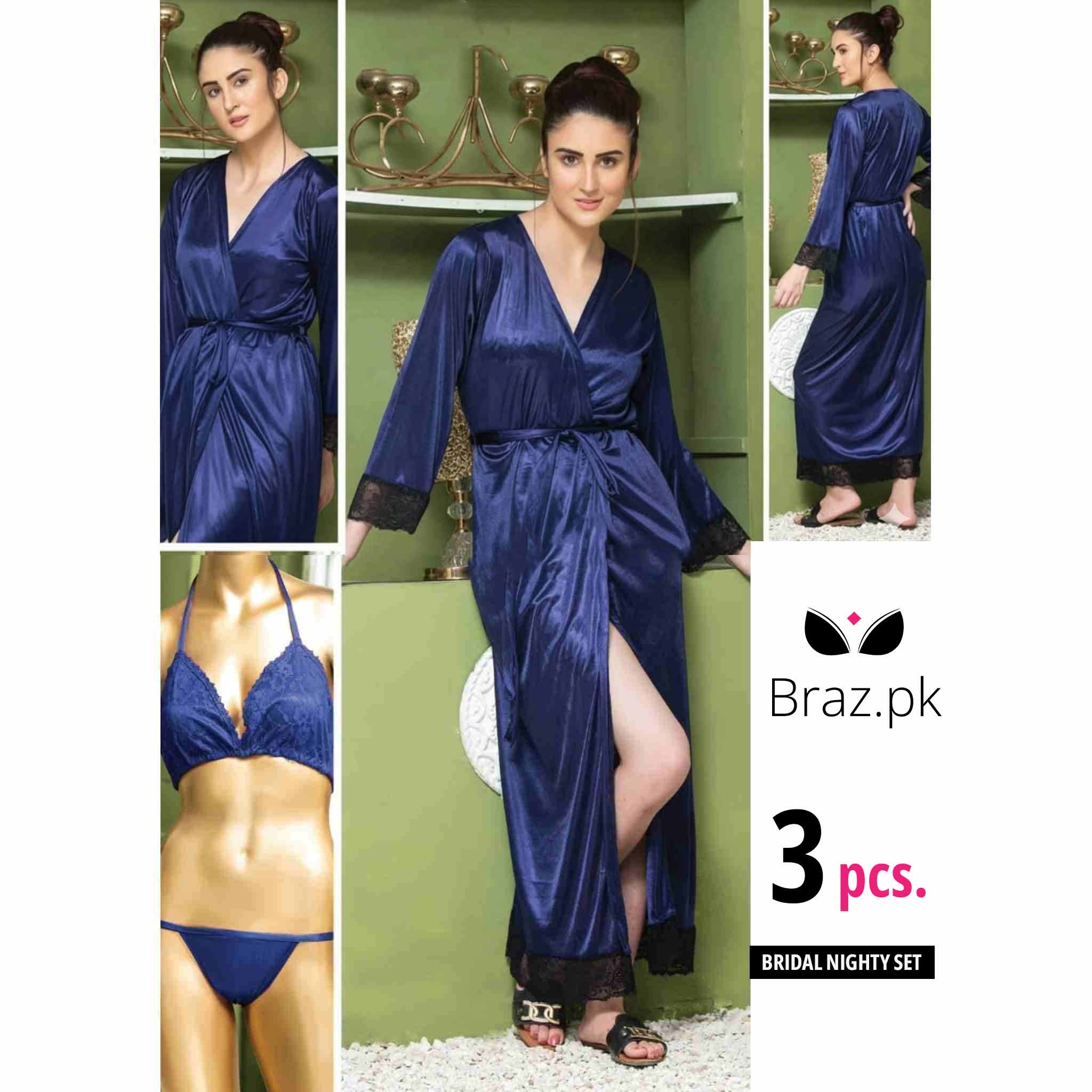 3 Pcs Nightwear Set – Gown, Bra & Panty | Elegant Lingerie