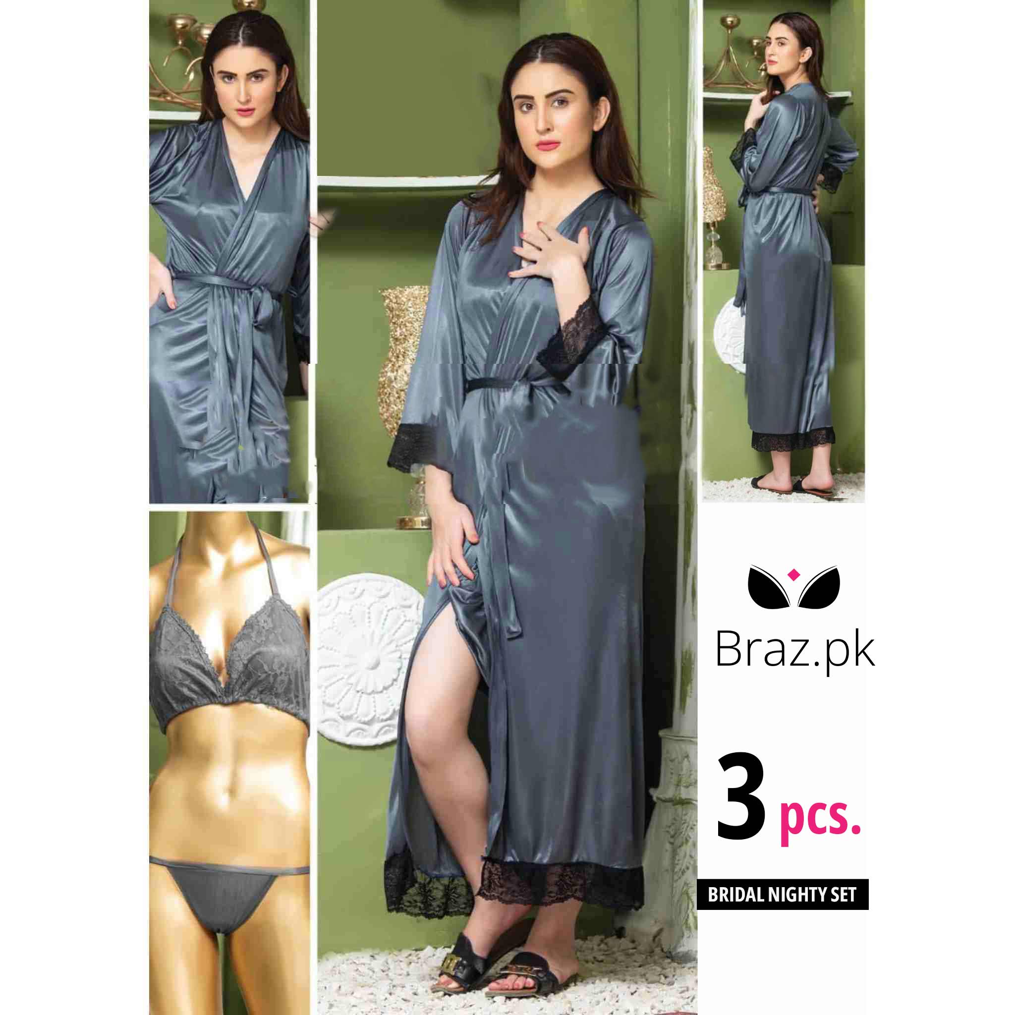3 Pcs Nightwear Set – Gown, Bra & Panty | Elegant Lingerie