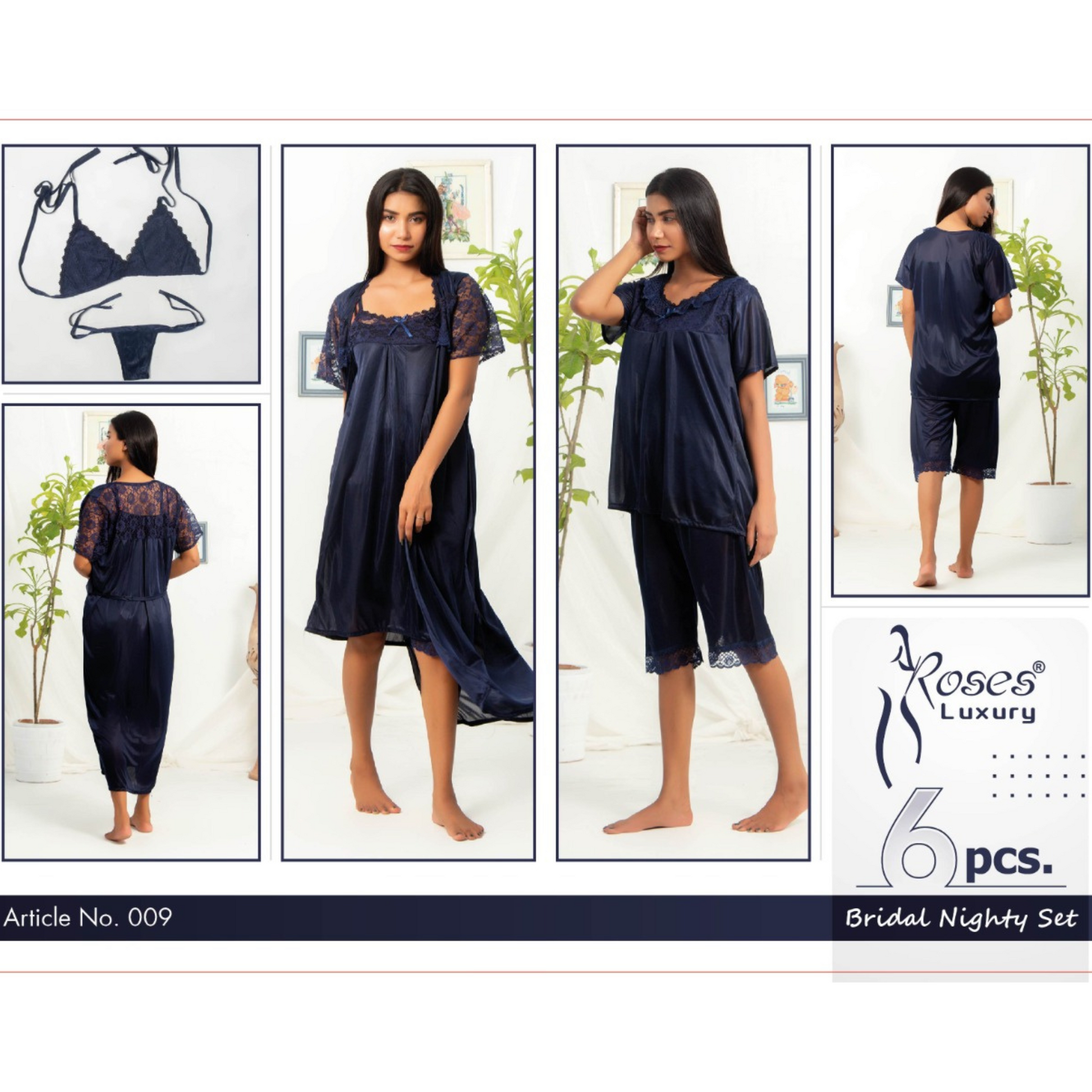 Bridal Nighty Set 6 Piece Navy Blue