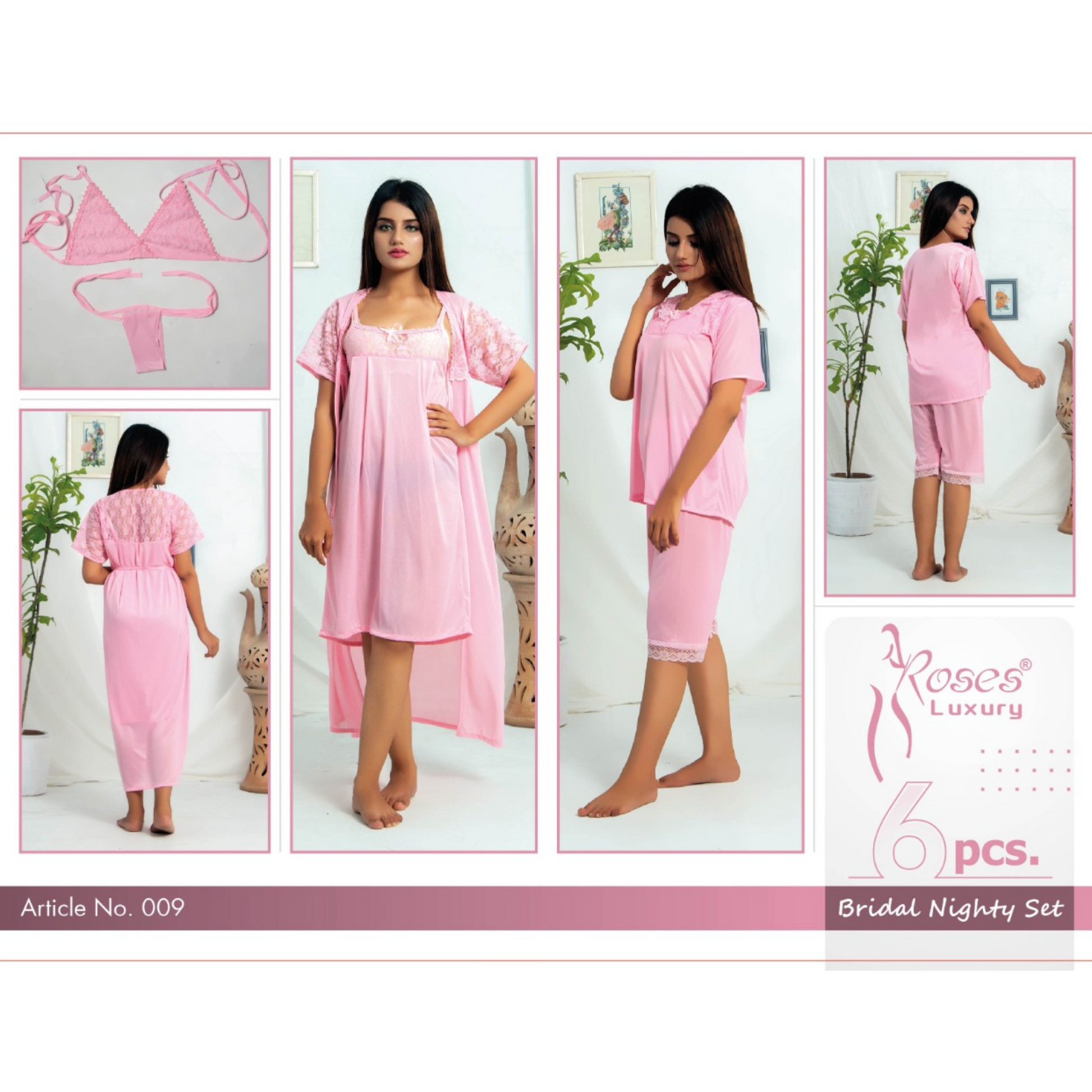 Bridal Nighty Set 6 Piece Pink