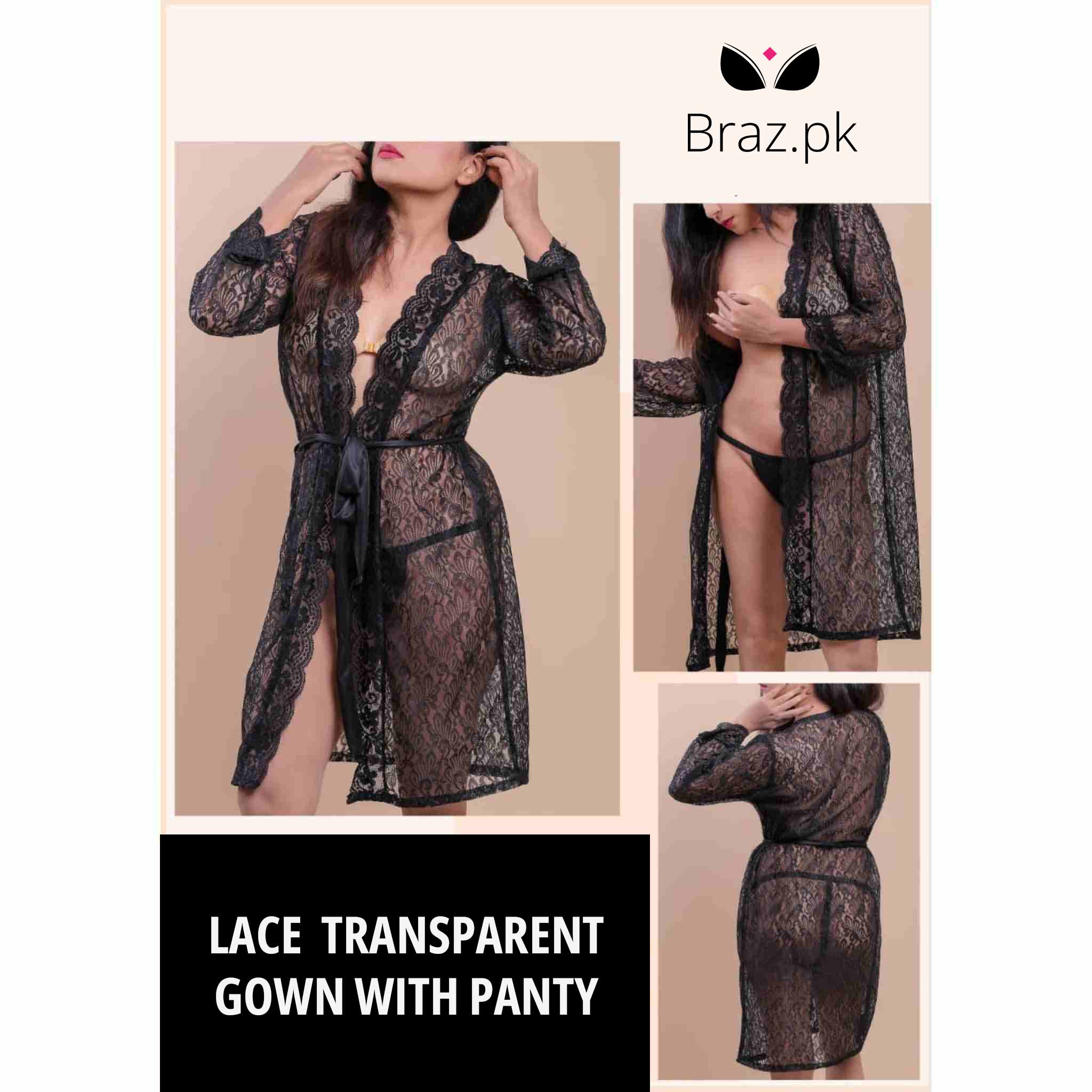 Lace Transparent Gown Nightwear with Panty – 2 Pcs Set