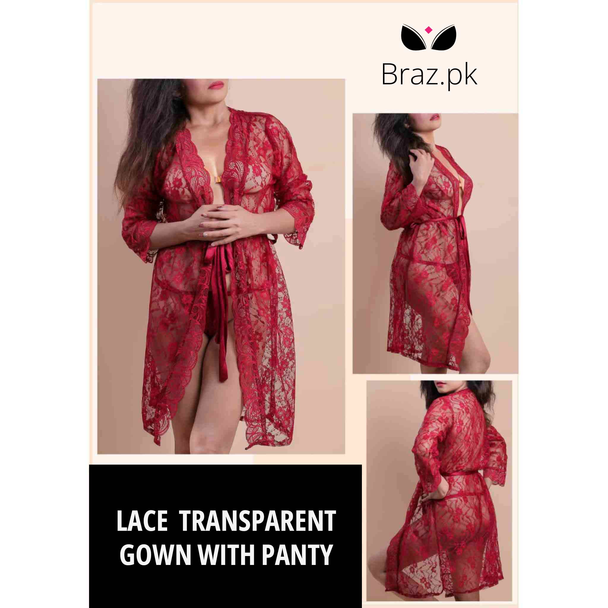 Lace Transparent Gown Nightwear with Panty – 2 Pcs Set