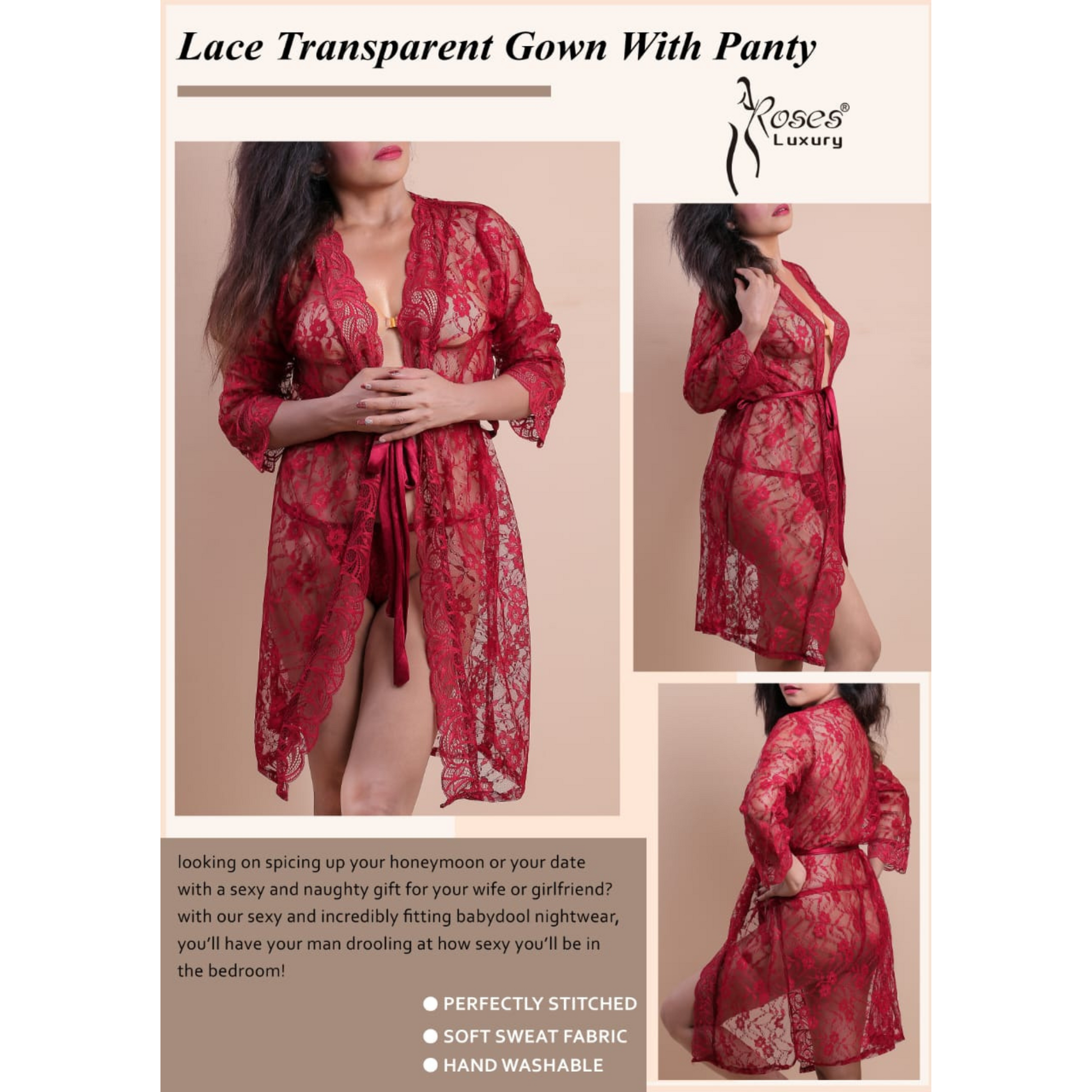 Lace Transparent Gown Nightwear with Panty