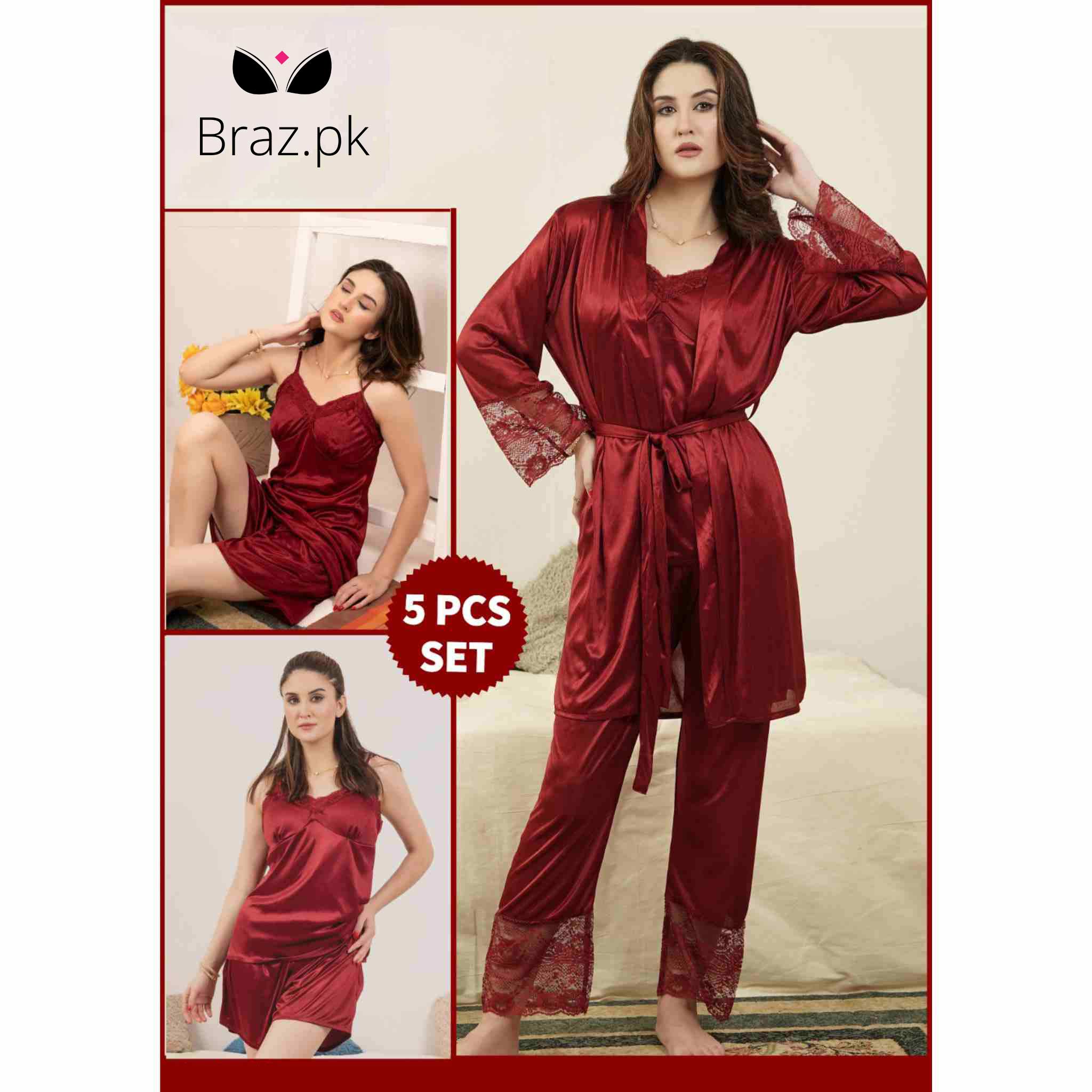 Roses Luxury Bridal Nighty Set – 5 Pieces | Braz.pk