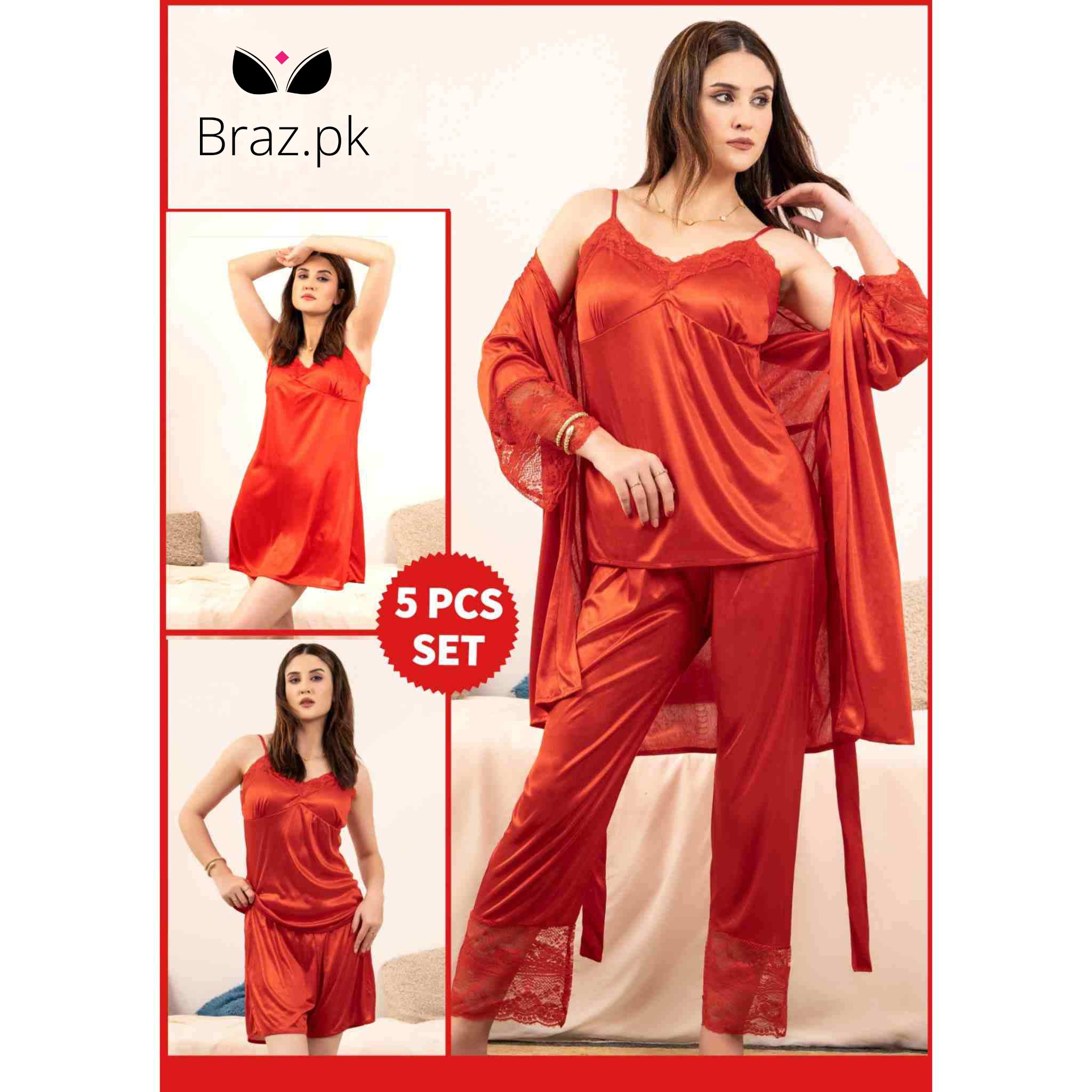 Roses Luxury Bridal Nighty Set – 5 Pieces | Braz.pk