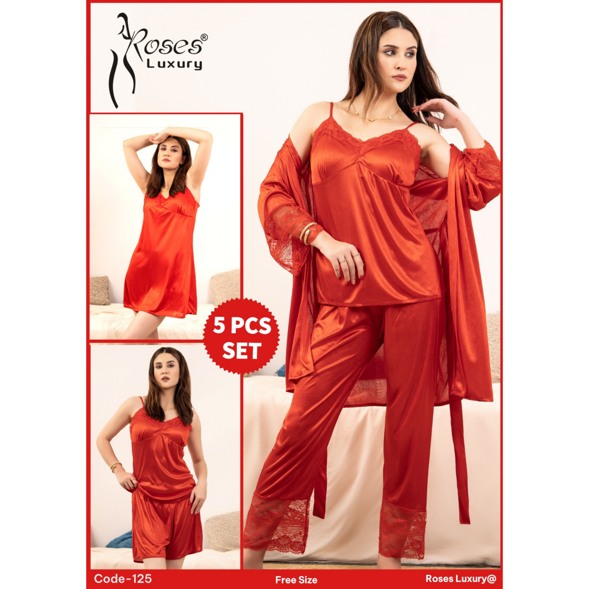 Bridal Nighty Set 5 Pieces red